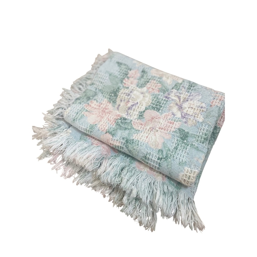 Vintage Pastel Floral Woven Tapestry Throw Blanket Fringed Cottagecore 47x55